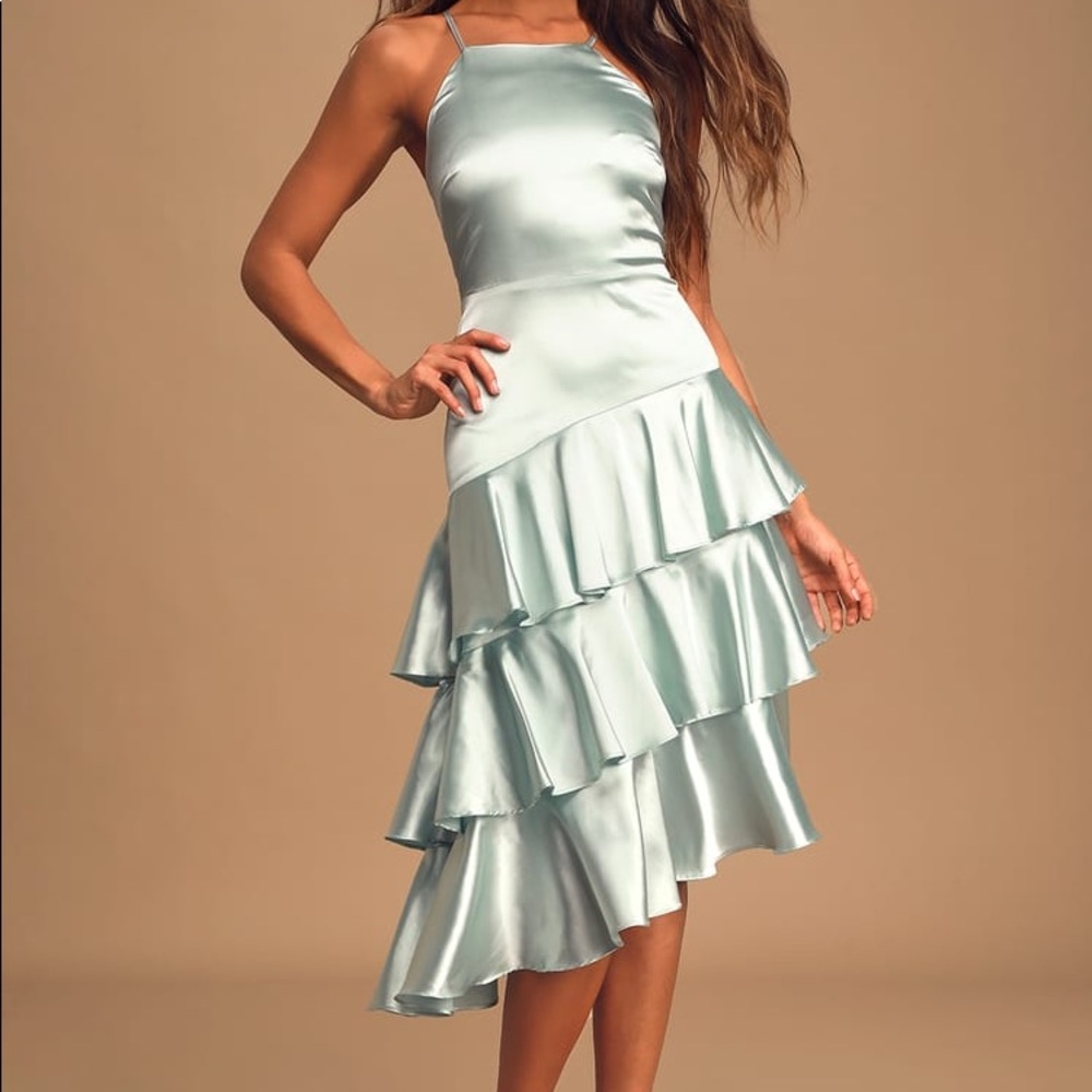 Small Lulu’s Call You Up Mint Blue Asymmetrical Midi Dress